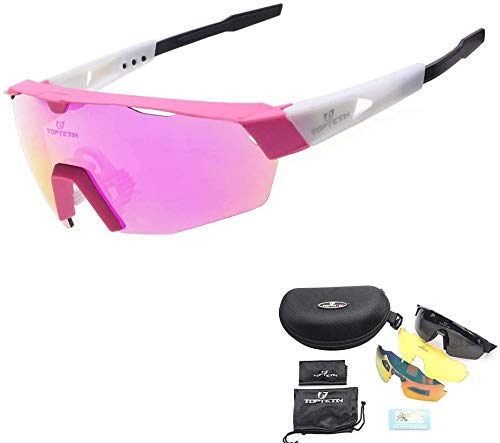 TOPTETN Gafas Ciclismo Polarizadas Gafas de Sol Deportivas con 3 Lentes Intercambiables UV400 Gafas para Hombres Mujeres Deportes Pesca Esquí Conducción Golf Correr Ciclismo Gafas de Sol (Rosado)