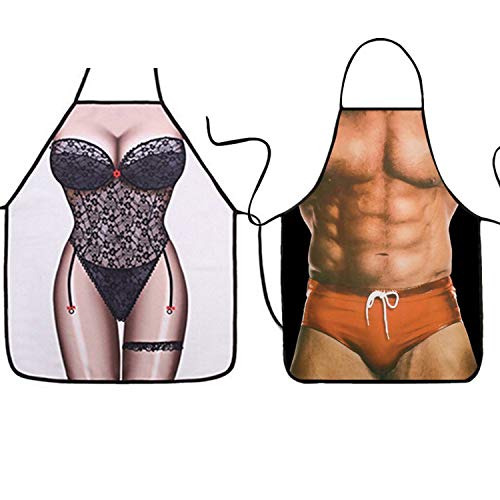 Topways® Delantal Divertido de Cocina de Pareja,  Funny Cooking Sexy Apron, Delantal de Fiesta de Barbacoa, Delantal Adulto MuscleNerd para Hombres (Hombre músculo + Mujer Sexy)