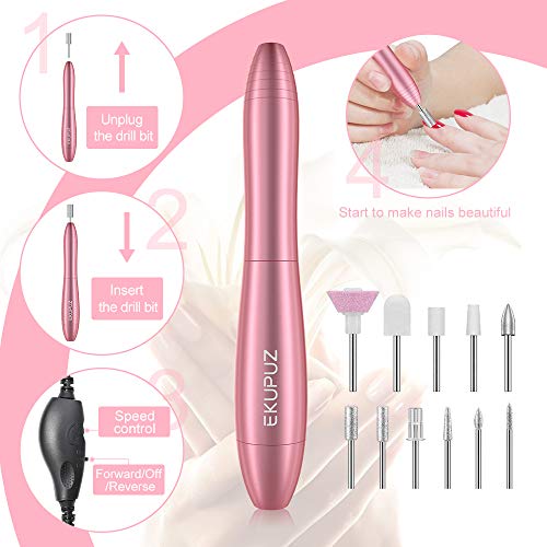 Torno para Uñas, EKUPUZ Lima Uñas Electrica Portátil de 20000 RPM, Kit de Manicura y Pedicura Eléctrico Profesional Vlocidad Ajustable con Set de 11 Tipos de Brocas para Remover Gel Acrílico