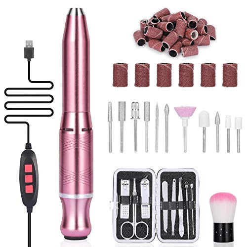 Torno para uñas, Winpok Lima de Uñas Eléctrica, Kit de Manicura y Pedicura Electrico Profesional con Set de 11 Tipos de Brocas de Pulido Pedicura, Set de Manicura para Salón DIY (oro rosa)