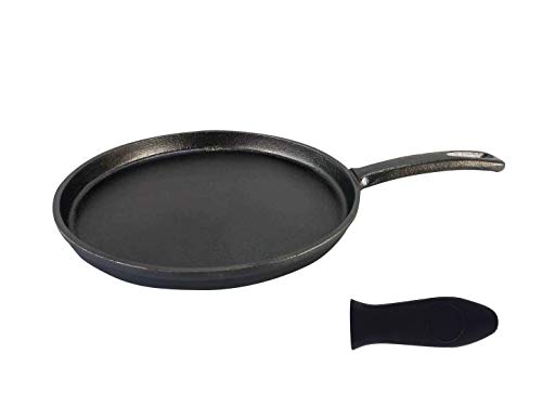 Tortillada – 26cm Plancha/Sartén de Hierro Fundido sazonado para Crepes + Soporte para Mango Caliente + E-Book con 50 Recetas con Tortillas