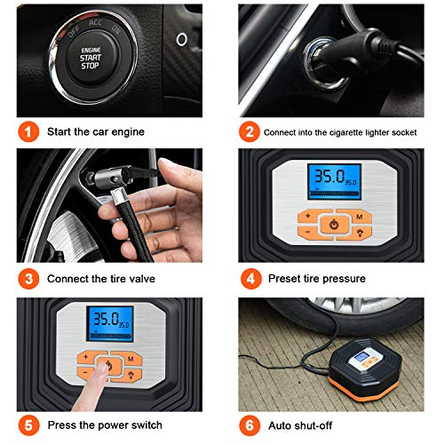 TowerTop Compresor Aire Portátil, 12V Inflador Digital Coche, Bomba Aire Coche, LCD Pantalla Digital, Auto Examinar Presión para Coche, Otros Inflables