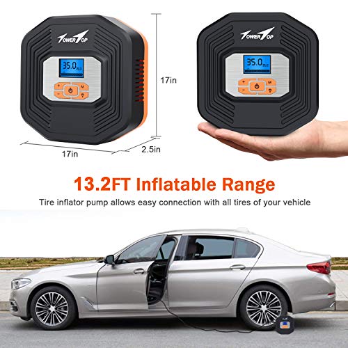TowerTop Compresor Aire Portátil, 12V Inflador Digital Coche, Bomba Aire Coche, LCD Pantalla Digital, Auto Examinar Presión para Coche, Otros Inflables