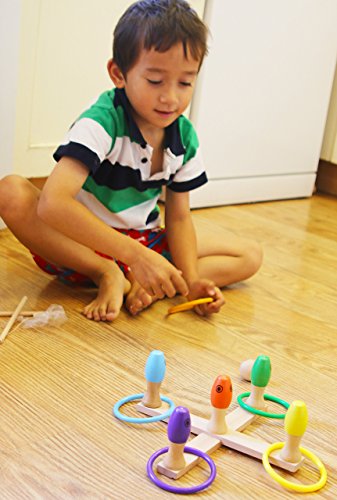 TOWO Juguetes de Madera Quiots - Juego de punteria: Juego de Lanzamiento de Anillos, Juego de Pesca y Juego de Bolos - Juegos Deportivos 3 en 1 para 3 años y mas - Juego de Habilidad para Niños