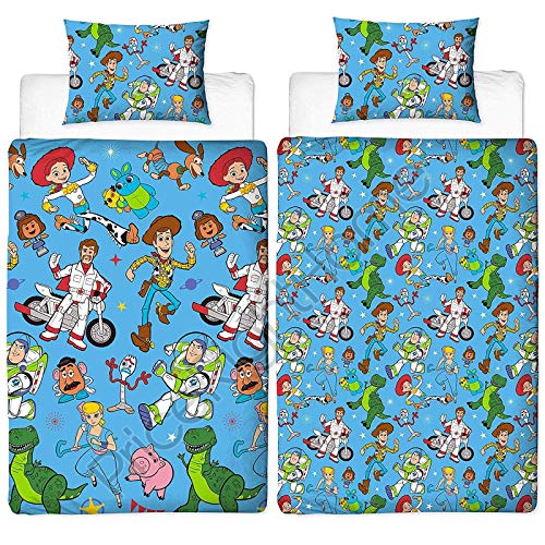 Toy Story - Juego de Funda de edredón Reversible para Cama Individual con un diseño de Woody & Buzz Lightyear de la película Toy Story 4, con Funda de Almohada a Juego