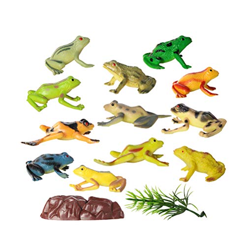 Toyvian Figuras de Ranas Juguetes Divertidos 12 Piezas, Juguetes de Animales de Ranas de plástico Surtidos, Ranas de Juguete realistas, Juego de Juguetes de Ranas con rocalla y árbol