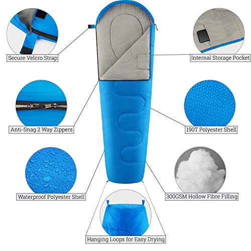Trail Saco Dormir Momia Estándar Adulto, Aire Libre, Camping, Senderismo, 3 Estaciones: Primavera, Otoño, Invierno, 300 g/m2, Impermeable, Acampada, Bolsillo Interior, Bolsa Compresión Ultraligera