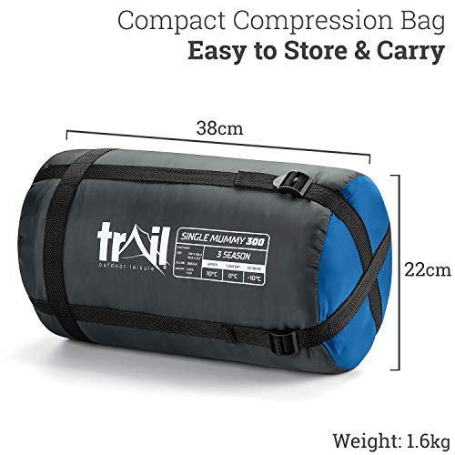 Trail Saco Dormir Momia Estándar Adulto, Aire Libre, Camping, Senderismo, 3 Estaciones: Primavera, Otoño, Invierno, 300 g/m2, Impermeable, Acampada, Bolsillo Interior, Bolsa Compresión Ultraligera
