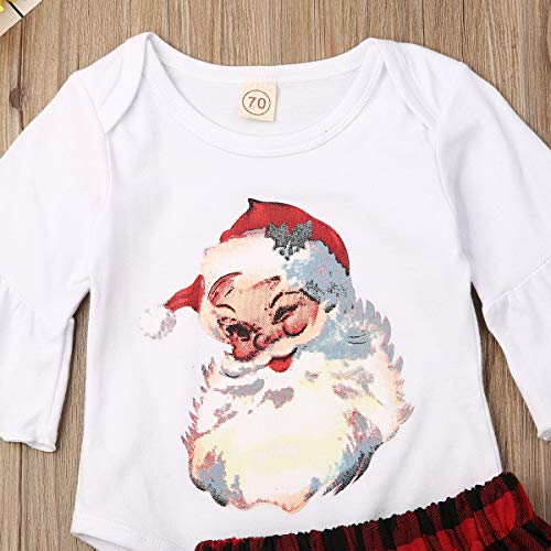 Traje Navidad de Bebé Niña 3 Piezas Conjunto para Recién Nacido de Mameluco de Manga Volante con Estampado de Papá Noel Falda Rojo a Cuadros Diadema Ropa Invierno de Algodón para Bebés (0-18 Meses)