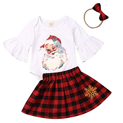 Traje Navidad de Bebé Niña 3 Piezas Conjunto para Recién Nacido de Mameluco de Manga Volante con Estampado de Papá Noel Falda Rojo a Cuadros Diadema Ropa Invierno de Algodón para Bebés (0-18 Meses)