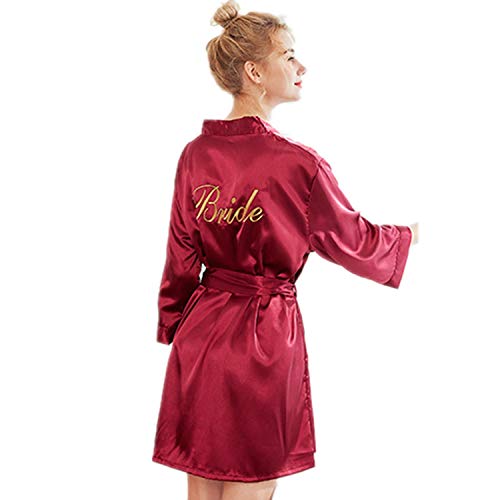 Trajes de Maquillaje de satén Pijamas para Mujeres en Kimono - Pijamas para Vestidos de Novia de Mujer Vestidos y Kimono (L, Rojo)