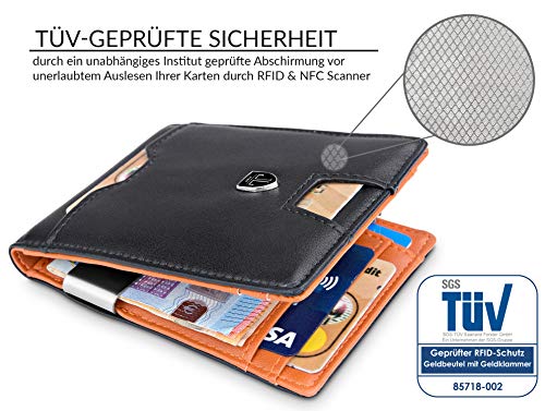 TRAVANDO Cartera con Pinza para Billetes London Bloqueo RFID | Seguridad | Tarjetero Hombre Slim | Billetero | Cartera pequeña de Viaje | Estuche, Protege Tarjetas de crédito (Negro)