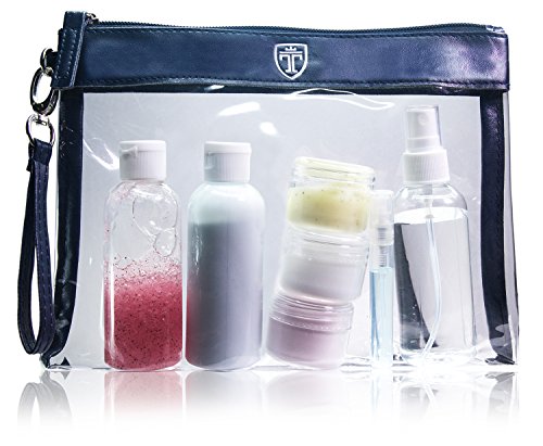 TRAVANDO ® Neceser transparente, 7 envases impermeables (max.100ml) - 1l de capacidad - bolsa de cosméticos, equipaje de mano - transporte de líquidos en el avión, botella set de viaje - hombre, mujer
