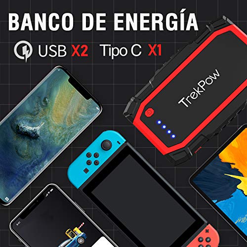 TrekPow A18 Arrancador de Coches 800A, Jump Starter con Pinzas Inteligentes, Banco de Baterías con USB QC3.0 & Tipo C, Diseñado para 12V 6L Diésel y 5L Gasolina