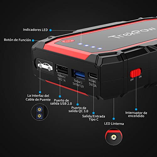 TrekPow A18 Arrancador de Coches 800A, Jump Starter con Pinzas Inteligentes, Banco de Baterías con USB QC3.0 & Tipo C, Diseñado para 12V 6L Diésel y 5L Gasolina