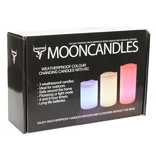 Tres velas de resina resistentes a la intemperie para el interior y el exterior con temporizador y control remoto y cambio de color, tamaño 10 cm / 12 cm / 14 cm Frostfire Mooncandles