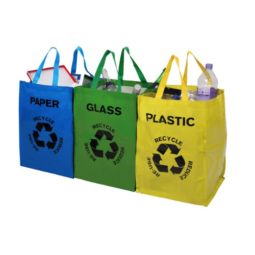 TRESKO Set de 3 Bolsas para Reciclar Basura | Sistema de Reciclaje para Vidrio, plástico y Papel