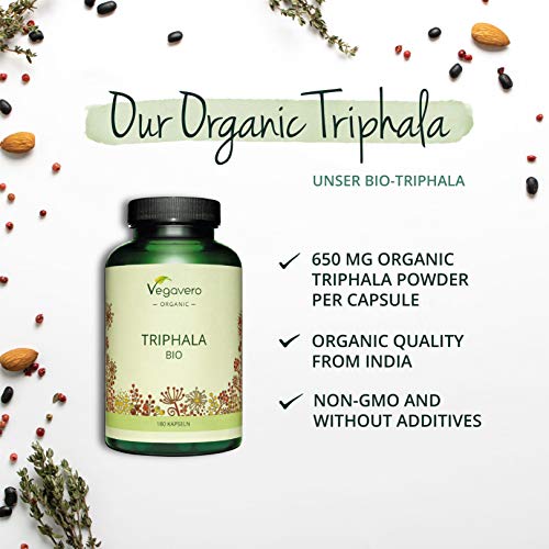 Triphala BIO Vegavero® | 1300 mg | Original de la India | Suplemento Ayurveda | Sin Aditivos | Digestión + Salud Intestinal | Apto Para Veganos | Orgánico | TCM | 180 Cápsulas