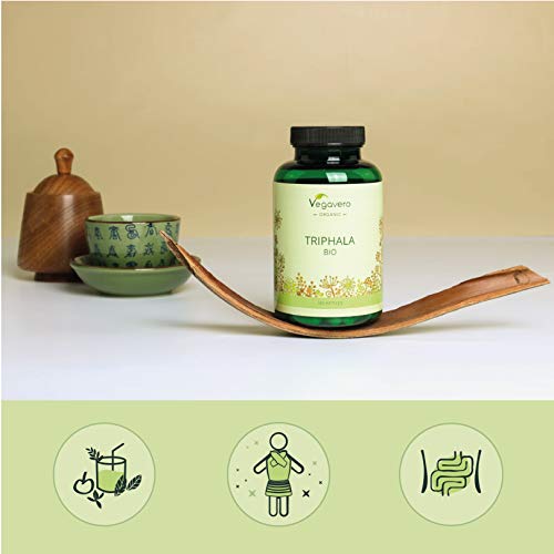 Triphala BIO Vegavero® | 1300 mg | Original de la India | Suplemento Ayurveda | Sin Aditivos | Digestión + Salud Intestinal | Apto Para Veganos | Orgánico | TCM | 180 Cápsulas