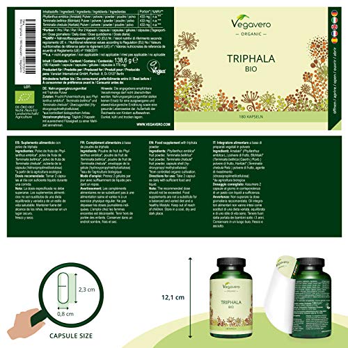 Triphala BIO Vegavero® | 1300 mg | Original de la India | Suplemento Ayurveda | Sin Aditivos | Digestión + Salud Intestinal | Apto Para Veganos | Orgánico | TCM | 180 Cápsulas