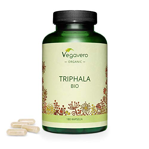 Triphala BIO Vegavero® | 1300 mg | Original de la India | Suplemento Ayurveda | Sin Aditivos | Digestión + Salud Intestinal | Apto Para Veganos | Orgánico | TCM | 180 Cápsulas