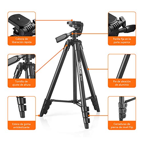 Trípode de Cámara (40.5cm-136cm), 5 en 1 Trípode Ligero de Aluminio, Trípode Plegable con Soporte de Móvil y Bolsa de Transporte, TACKLIFE - MLT01