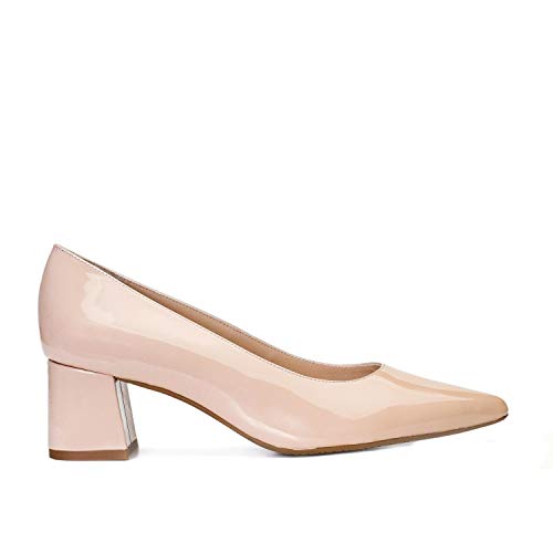 Trivia - Salones Elegantes de Vestir para Mujer en Piel con Punta Fina y Tacon Bajo Ancho 5 cm - Hechos en España - Moda Zapatos Tacones Casual - Piel Charol Nude Maquillaje - Rosa 36 EU