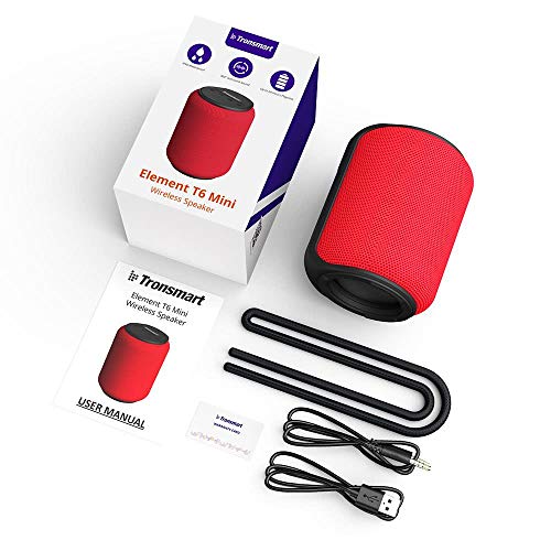 Tronsmart T6 Mini Altavoces Bluetooth 15W, 24 Horas de Reproducción, TWS Sonido Stereo 360°, IPX6 Waterproof, Altavoz portatil Bluetooth 5.0, Apoya TF Card Memoria USB de 64G y Asistente de Voz - Rojo