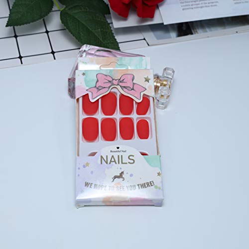 TseenYi Uñas Postizas Rojo Cabeza Redonda Corta Color Sólido Uñas Postizas Elipse Mate Uñas Completas de Cubierta Completa Uñas Postizas para Mujeres y Niñas （24 piezas）