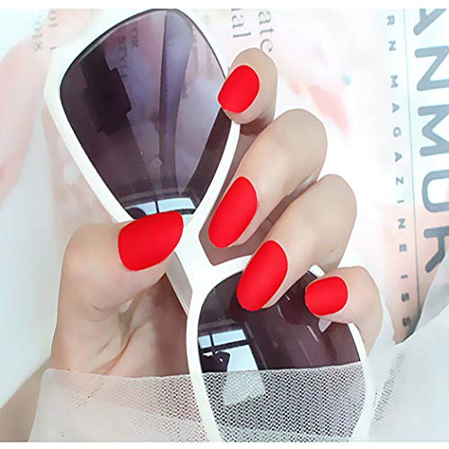TseenYi Uñas Postizas Rojo Cabeza Redonda Corta Color Sólido Uñas Postizas Elipse Mate Uñas Completas de Cubierta Completa Uñas Postizas para Mujeres y Niñas （24 piezas）