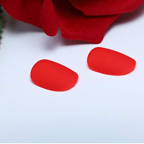 TseenYi Uñas Postizas Rojo Cabeza Redonda Corta Color Sólido Uñas Postizas Elipse Mate Uñas Completas de Cubierta Completa Uñas Postizas para Mujeres y Niñas （24 piezas）