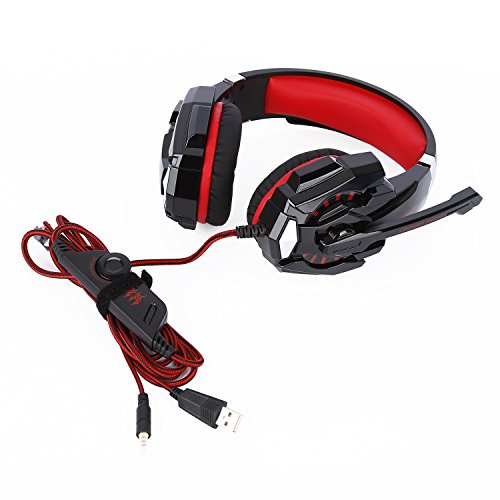 Tsing Auriculares Gaming Cascos PS4, Micrófono Control de Volumen LED Luz 3.5mm Jack, Reducción de ruido, PC/Xbox One/Nintendo Switch/Móvil/Tablet, Rojo(Tiene un adaptador）