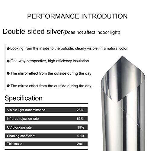 TTMOW Vinilo Pet Película Adhesiva Lámina de Espejo para Ventanas Cristal Unidireccional Protector de Privacidad Anti 99% UV y Anti 85% IR para Hogar y Oficina (50 * 200cm)