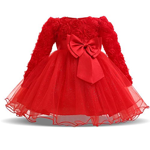 TTYAOVO Bebés Niñas Bordado Vestidos de Tutú de Fiesta de Cumpleaños de Princesa de Encaje de Flores de Manga Larga Vestidos 13-24 Meses Rojo