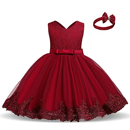 TTYAOVO Vestido de Fiesta de Encaje de Dama de Honor de la Boda de la Princesa de Las Niñas Tamaño(80) 6-12 Meses 06 Rojo