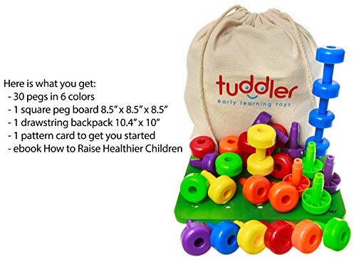Tuddler Paquete Educativo Pegs Incluye un Set de Clavijas Apilables de Colores Brillantes / Juguete Montessori para Niños + Tarjeta de Patrón + Mochila con Cordón para almacenar y ordenar + ebook