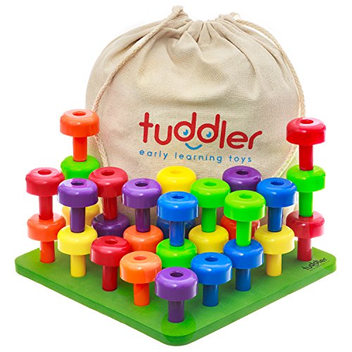 Tuddler Paquete Educativo Pegs Incluye un Set de Clavijas Apilables de Colores Brillantes / Juguete Montessori para Niños + Tarjeta de Patrón + Mochila con Cordón para almacenar y ordenar + ebook