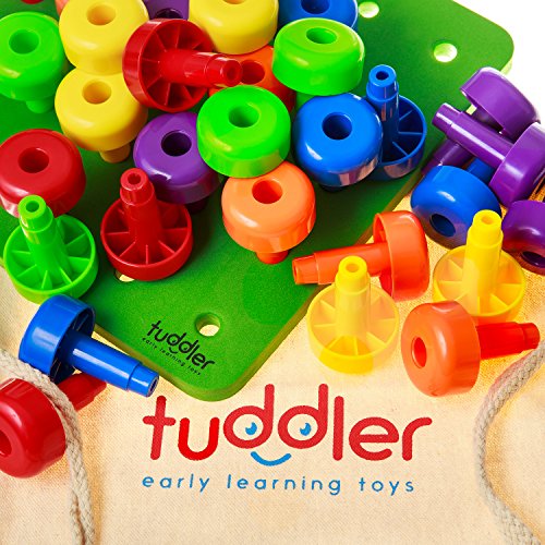 Tuddler Paquete Educativo Pegs Incluye un Set de Clavijas Apilables de Colores Brillantes / Juguete Montessori para Niños + Tarjeta de Patrón + Mochila con Cordón para almacenar y ordenar + ebook