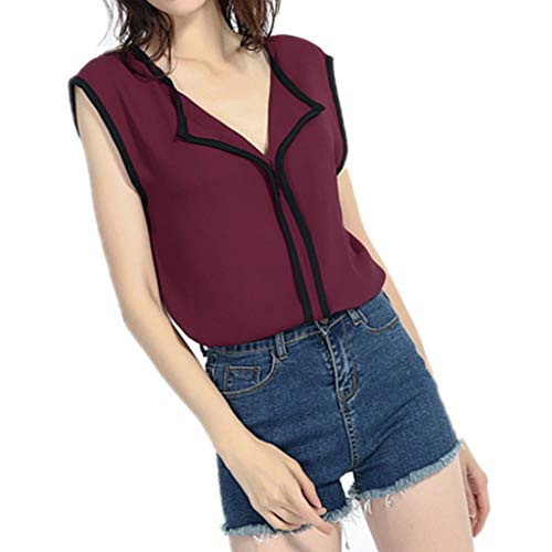 Túnica de Gasa sin Mangas Yvelands Ventas Sexy para Mujer Top con Cuello en v Casual Sólido Fresco Dulce Camisa Blusa(Vino,L)