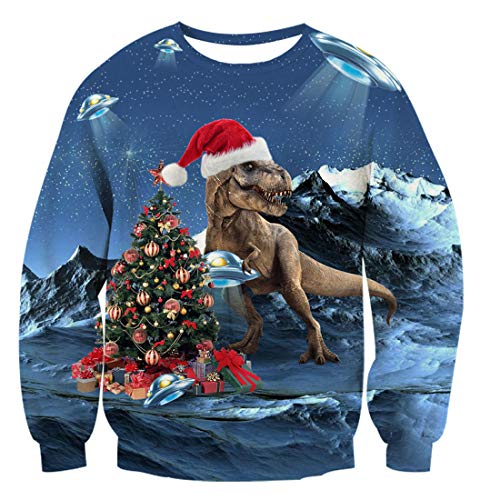 TUONROAD Sudaderas sin Capucha Christmas Unisex Dinosaurio 3D Impreso Ugly Navidad Suéter Jumper Crew Neck Manga Larga Jersey Sweatshirt para Hombres Mujeres - S