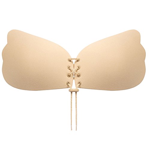 Tuopuda Sujetador Adhesivo de Silicona Reutilizable para Mujer sin Tirantes Invisible Push up sin Mujer Espalda con Cordones entrecruzados (A, Beige 1 Par)