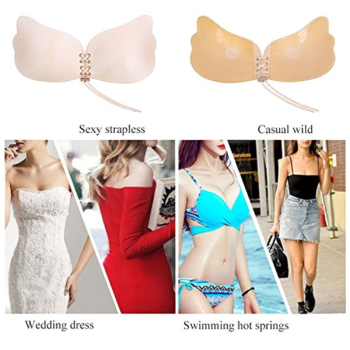 Tuopuda Sujetador Adhesivo de Silicona Reutilizable para Mujer sin Tirantes Invisible Push up sin Mujer Espalda con Cordones entrecruzados (B, Beige 1 Par)