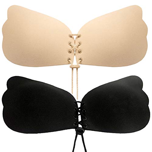 Tuopuda Sujetador Adhesivo de Silicona Reutilizable para Mujer sin Tirantes Invisible Push up sin Mujer Espalda con Cordones entrecruzados (C, Negro 1 Par+Beige 1 Par)