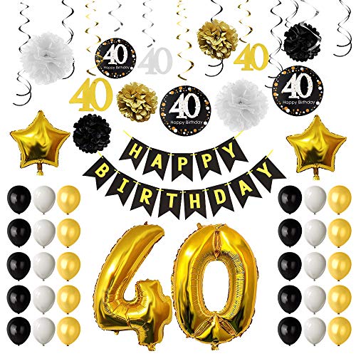 TUPARKA Decoracion Fiesta 40 Cumpleanos, Cumpleanos Hincha 40 o, de Papel, Pompones Colgantes remolinos, Hoja de Oro Globos Feliz 40o cumpleaños Decoraciones para Hombres y Mujeres