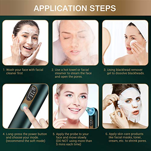 TURATA Limpiador de Poros, Eliminador de Puntos Negros 3 Niveles de La Succión Ajustable 4 Cabezas Reemplazables Luz Azul Anti Acné Eliminación para Eliminación de Espinillas y Acné (Esmeralda)