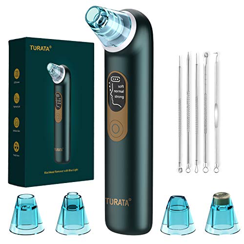 TURATA Limpiador de Poros, Eliminador de Puntos Negros 3 Niveles de La Succión Ajustable 4 Cabezas Reemplazables Luz Azul Anti Acné Eliminación para Eliminación de Espinillas y Acné (Esmeralda)