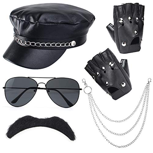 Tutent Biker Disfraz Accesorios Sombrero de Motociclista Negro Gafas de Sol de Punk Rock Guantes de Bigote Accesorios de rockero de Motociclista gótico Set para Fiesta Cosplay de Halloween