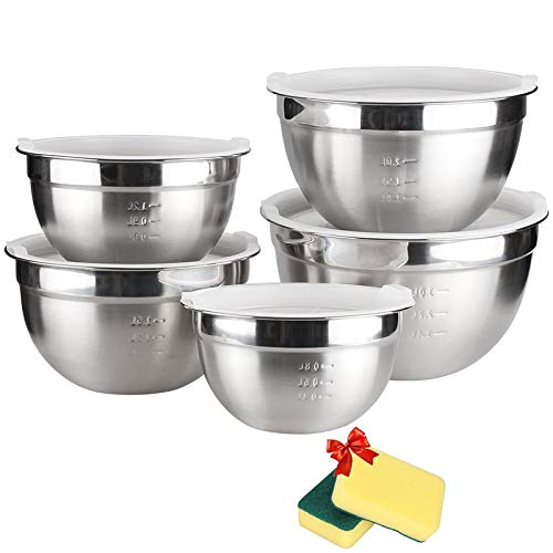 TUXWANG Bol de Acero Inoxidable Ensaladera de Acero Inoxidable Acero Inoxidable Bol Set 5in1 de Acero Inoxidable con Tapa y Medidas graduadas, apilable para un Almacenamiento mínimo