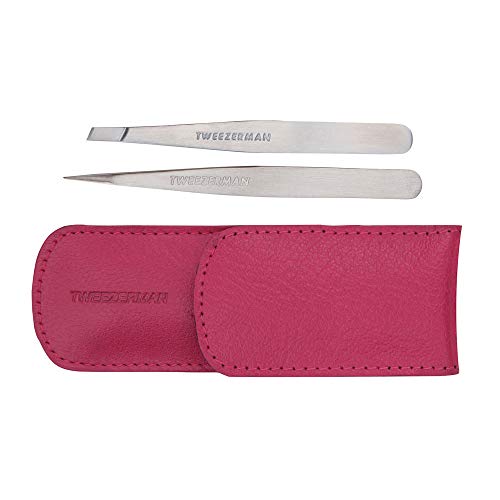 Tweezerman - Kit para cejas - pinza mini slant y pinza en punta con estuche de bolsillo, color rosa - 2 unidades