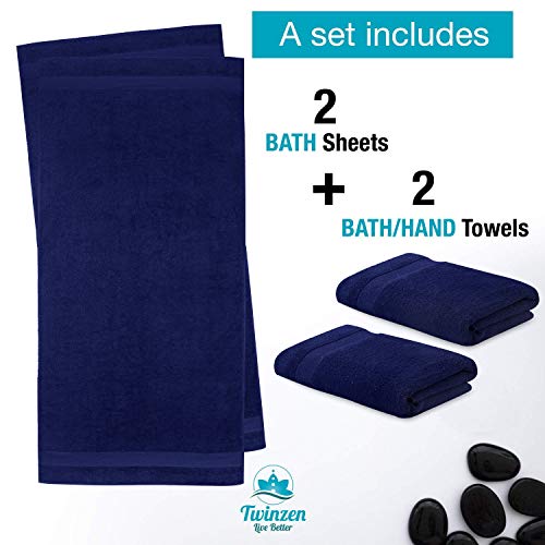 Twinzen Juego de 2 Toallas de Manos y 2 Toallas de Baño, de 100% Algodón, Sin Productos Químicos- Certificado Oeko Tex - Muy Absorbente Casa, Cuarto de Baño, Centro Deportivo, Gimnasio, Piscina
